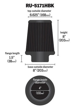 K&N Universal Rubber Filter-Round Tapered 4in Flange ID x 8in Base OD x 6.625in Top OD x 8in H - 0
