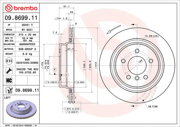 Brembo 95-99 BMW M3/98-02 Z3 Rear Left Premium UV Coated OE Equivalent Rotor 34212227177