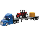 New Ray Toys Freightliner Cascadia Flatbed with Farm Tractor and Round Hay Bale/ Scale - 1:43-1