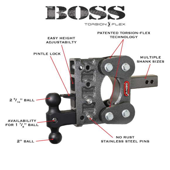 The BOSS TORSION-FLEX 2" Shank 5" Drop 1.1K TW 10K Hitch & GH-031 Dual-Ball & GH-032 Pintle Lock