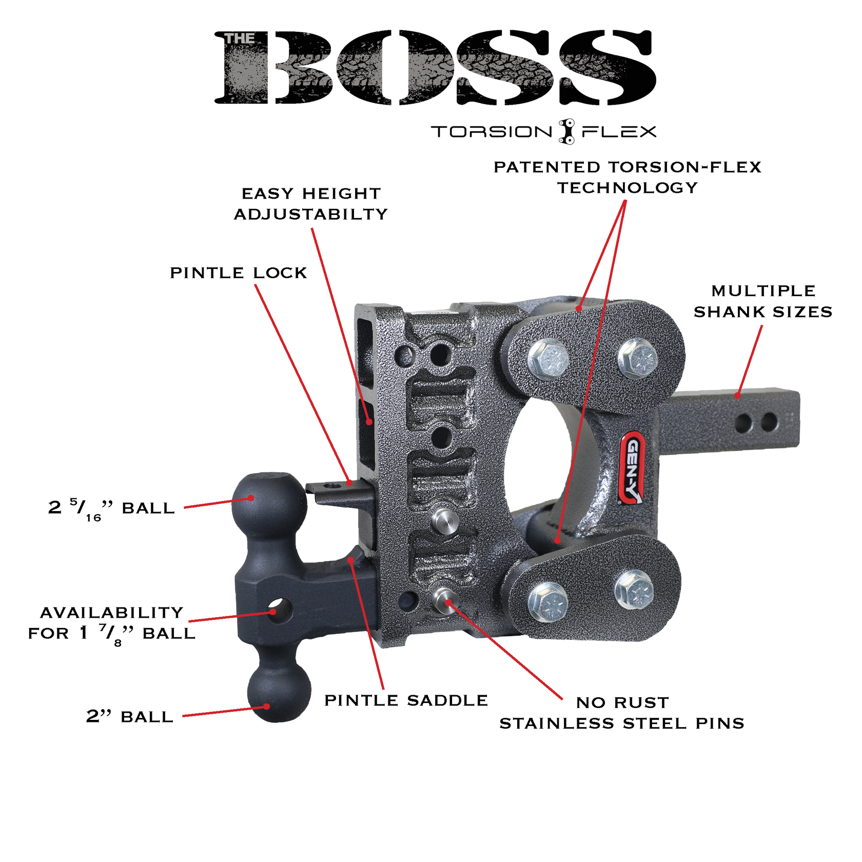 The BOSS TORSION-FLEX 2.5" Shank 7.5" Drop 1.7K TW 16K Hitch & GH-051 Dual-Ball
