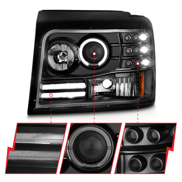 ANZO 1992-1996 Ford F-150 Projector Headlights w/ Halo Black w/ Side Markers and Parking Lights