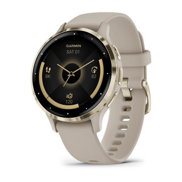 Garmin Venu 3S. Soft Gold Stainless Steel Bezel with French Gray Case and Silico