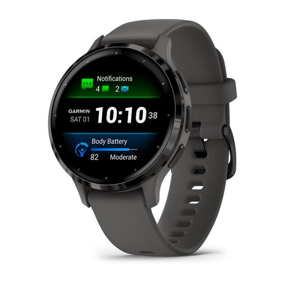 Garmin Venu 3S. Slate Stainless Steel Bezel with Pebble Gray Case and Silicone B