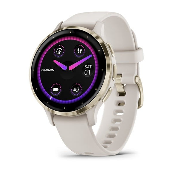Garmin Venu 3S. Soft Gold Stainless Steel Bezel with Ivory Case and Silicone Ban