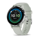 Garmin Venu 3S. Silver Stainless Steel Bezel with Sage Gray Case and Silicone Ba-1