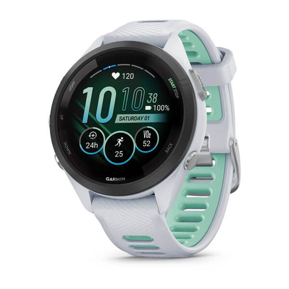 Garmin Forerunner 265S. Black Bezel with Whitestone Case and Whitestone/Neo Trop