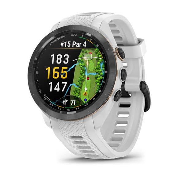 Garmin Approach S70 - 42 mm. Black/Peach Ceramic Bezel with White Silicone Band