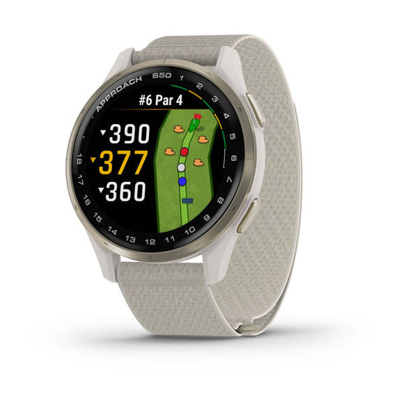 Garmin Approach S50. Cream Gold Aluminum Bezel with Ivory Nylon Band