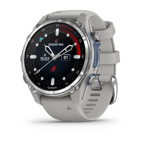 Garmin Descent Mk3 43 mm. Stainless Steel with Fog Gray Silicone Band