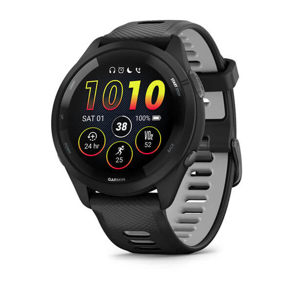 Garmin Forerunner 265. Black Bezel and Case with Black/Powder Gray Silicone Band
