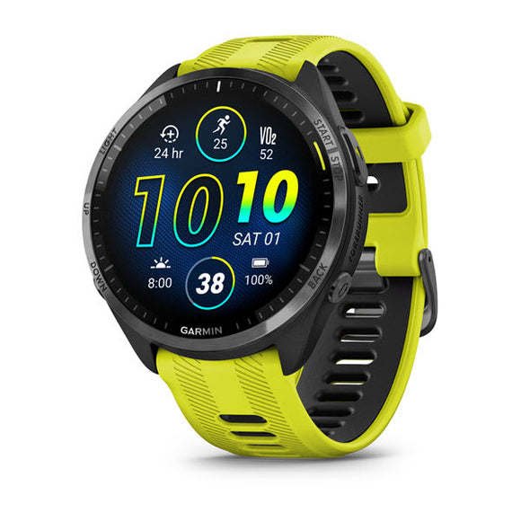 Garmin Forerunner 965. Carbon Gray DLC Titanium Bezel with Black Case and Amp Ye
