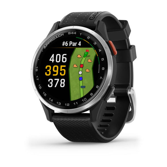 Garmin Approach S44. Silver Aluminum Bezel with Black Silicone Band