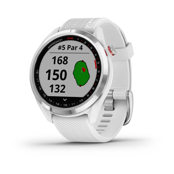 Garmin Approach S42. Polished Silver with White Band