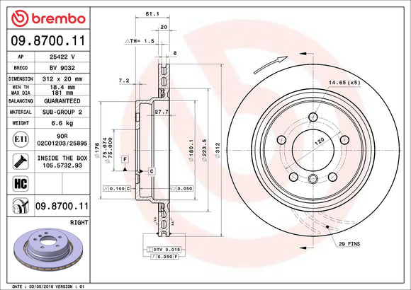Brembo 95-99 BMW M3/98-02 Z3 Rear Right Premium UV Coated OE Equivalent Rotor 34212227178