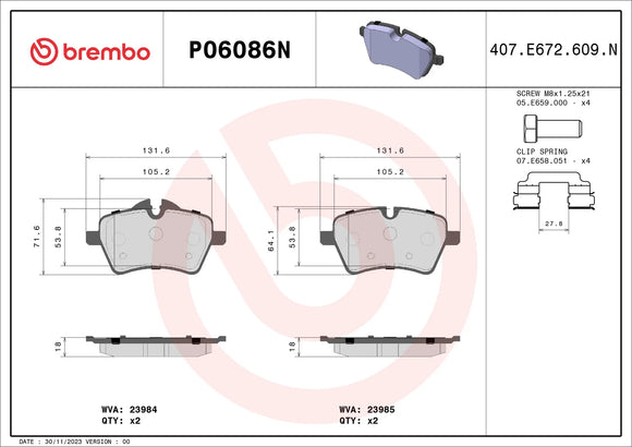 Brembo 02-10 Mini Cooper/11-16 Cooper Countryman Front Premium NAO Ceramic OE Equivalent Pad 34116778320