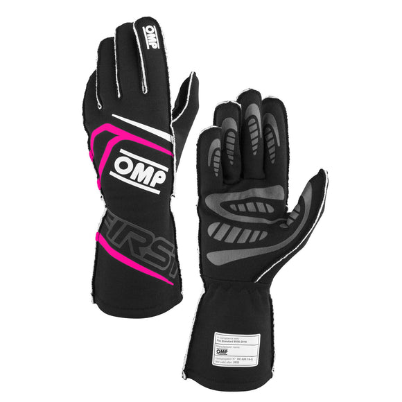 OMP FIRST GLOVES FIA 8856-2018 MY2025 BLACK / FUCHSIA SZ XL