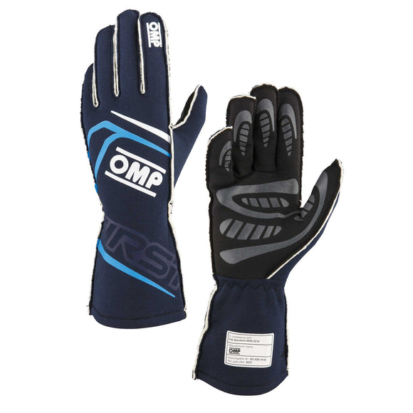 OMP FIRST GLOVES FIA 8856-2018 MY2025 NAVY BLUE / CYAN SZ L