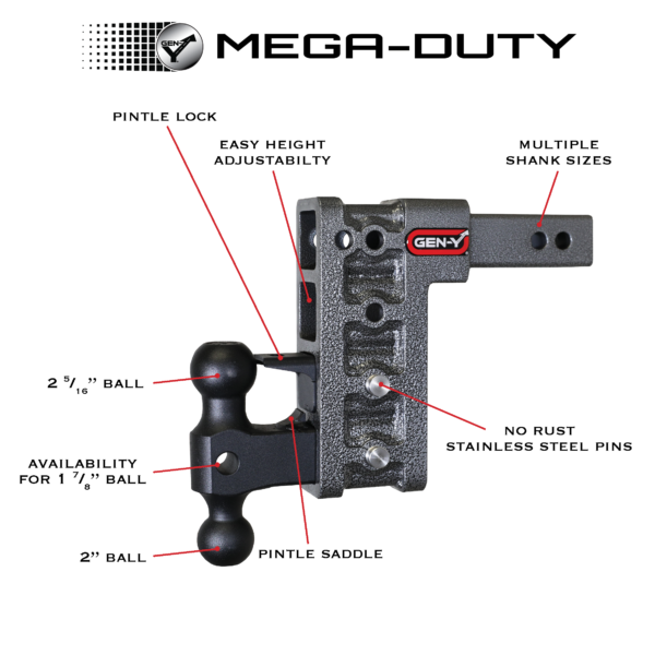 MEGA-DUTY 2" Offset Shank 2.5 Rise, 5" Drop 2K TW 16K Hitch Only - 0