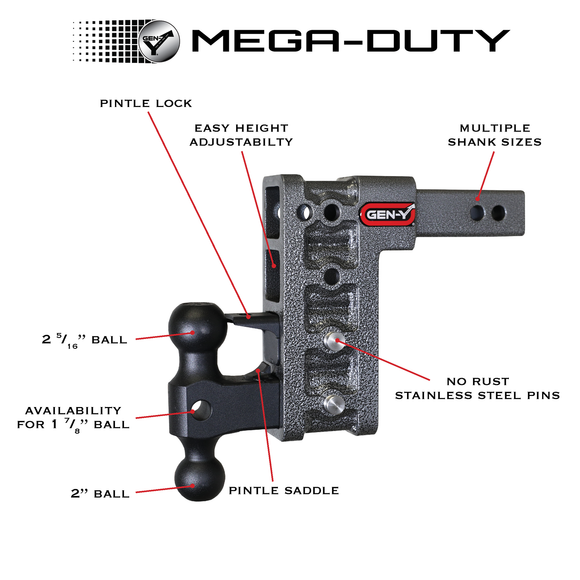 MEGA-DUTY 3" Shank 12" Drop 3.5K TW 32K Hitch & GH-0161 Dual-Ball & GH-0162 Pintle Lock
