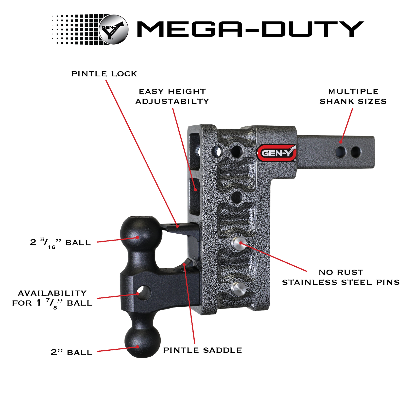 MEGA-DUTY 2.5" Offset Shank 3" Rise, 12" Drop 3.5K TW 32K Hitch & GH-0161 Dual-Ball & GH-0162 Pintle Lock