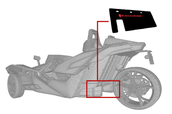 Rally Armor 15-24 Polaris Slingshot Rear Swingarm Black UR Mud Flap w/Green Logo (MOQ 200 PCS)