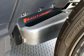 Rally Armor 15-24 Polaris Slingshot Rear Swingarm Black UR Mud Flap w/Orange Logo (MOQ 200 PCS) - 0
