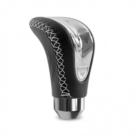 Momo Combat Evo Shift Knob - Black Leather, Chrome Insert, Silver Stitching