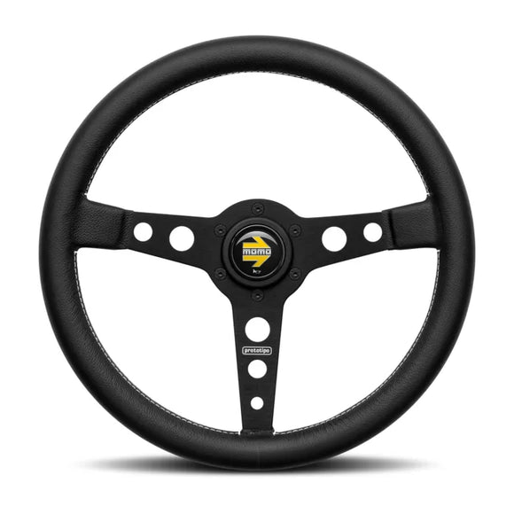 Momo Prototipo Steering Wheel 320 mm - Black Leather/White Stitch/Brushed Black Spokes