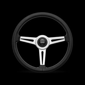 Momo Retro Steering Wheel 360 mm - 4 Black Leather/Wht Stitch/Brshd Spokes