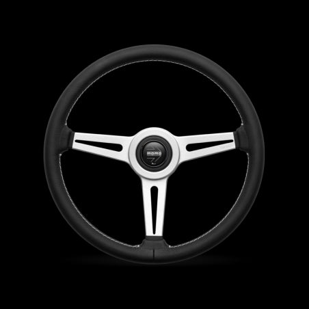 Momo Retro Steering Wheel 360 mm - 4 Black Leather/Wht Stitch/Brshd Spokes