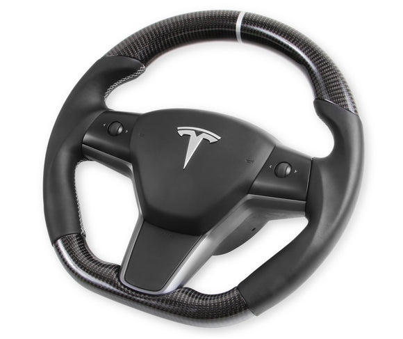 Rekudo Carbon Fiber Steering Wheel For Tesla Model 3 - With Leather Grips