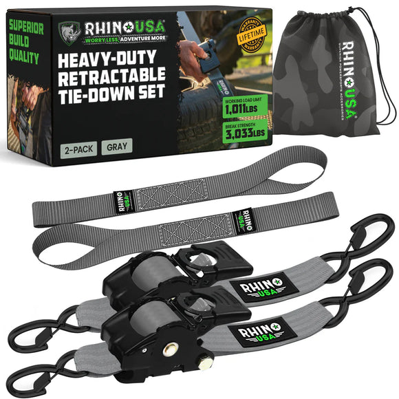 Rhino USA Retractable Ratchet Straps (2Pk 2Inx10Ft) (Gray)
