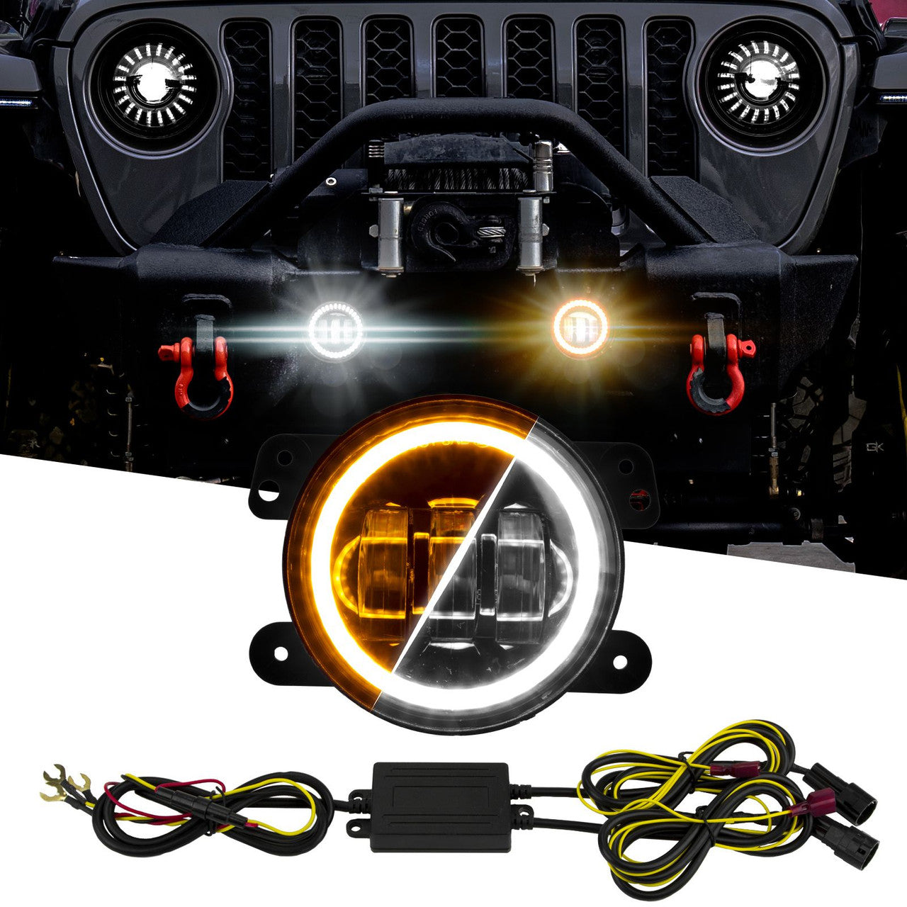 XK Glow 4in Fog Light JEEP 2pc Kit w/ Switchback Halo White DRL + Amber Turn Signal - 0