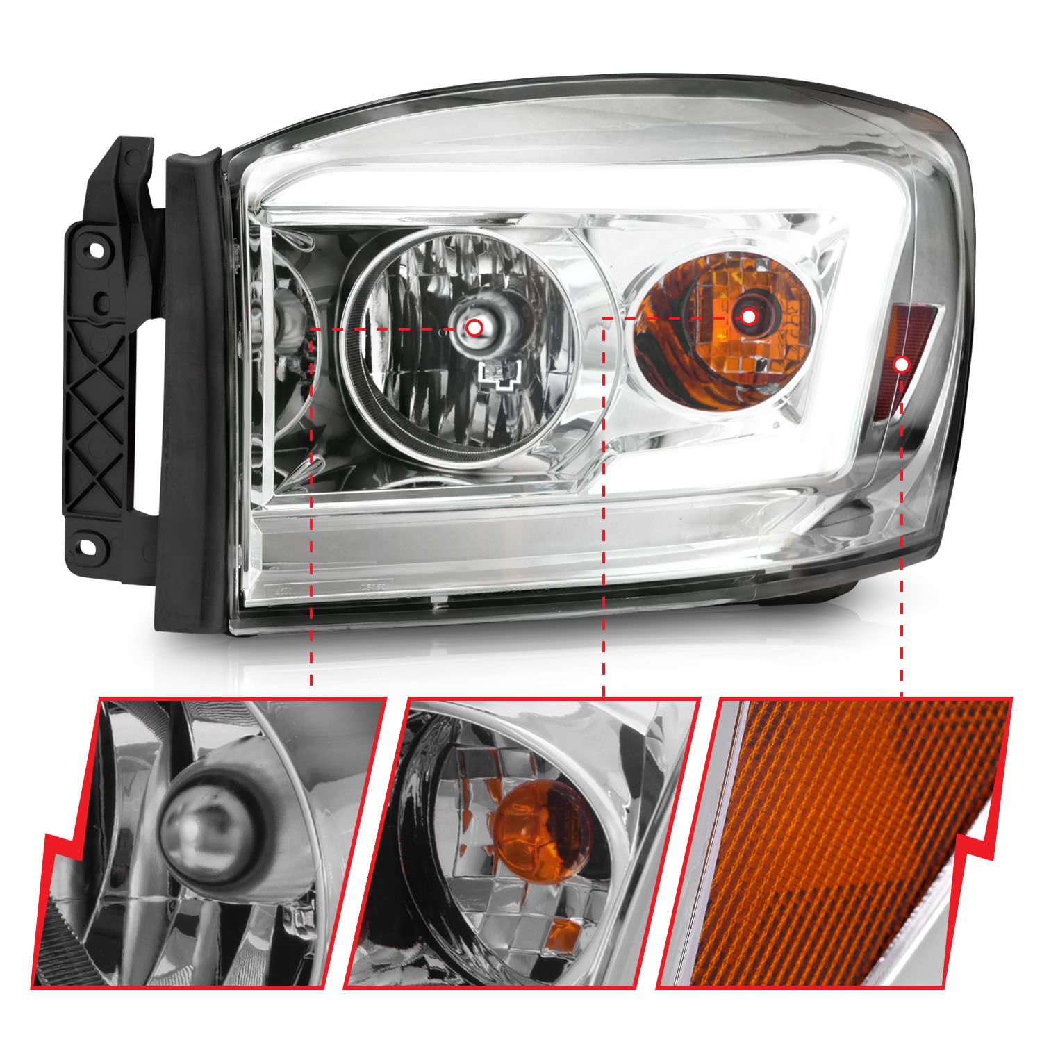 Anzo 06-09 Dodge RAM 1500/2500/3500 Headlights Chrome Housing/Clear Lens (w/ Light Bars) - 0