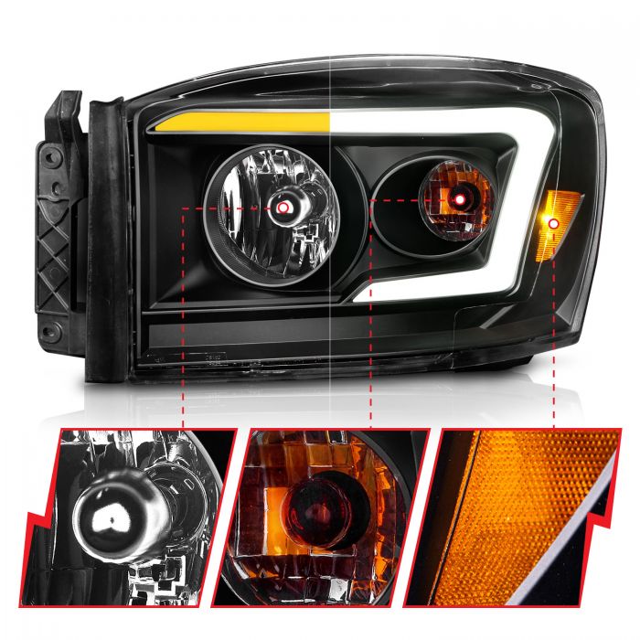 Anzo 06-09 Dodge RAM 1500/2500/3500 Headlights Black Housing/Clear Lens (w/Switchback Light Bars) - 0