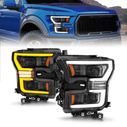 ANZOUSA FULL LED PROJECTOR HEADLIGHTS BLACK HOUSING W/ SWITCHBACK LIGHT BAR: 2015–2017 FORD F-150