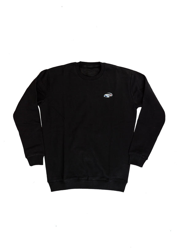 A black 911 RSR 2.1 Turbo crewneck sweater for men. Photo is the front of the sweater with an embroidered 911 RSR 2.1 Turbo. Fabric is a cotton and polyester mix and high quality and fits to size. The style is long sleeve, crew neck, and embroidery on left chest.