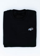 A black 911 RSR 2.1 Turbo crewneck sweater for men. Photo is the front of the sweater with an embroidered 911 RSR 2.1 Turbo. Fabric is a cotton and polyester mix and high quality and fits to size. The style is long sleeve, crew neck, and embroidery on left chest.