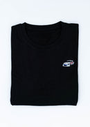 A black 911 RSR 2.1 Turbo T-Shirt for men. Photo is a front view of the shirt with an embroidered 911 RSR 2.1 Turbo. Fabric composition is 65% polyester, and 35% cotton. The material is very stretchy, soft, comfortable, breathable, and non-transparent. The style of this shirt is short sleeve, with a crewneck neckline.
