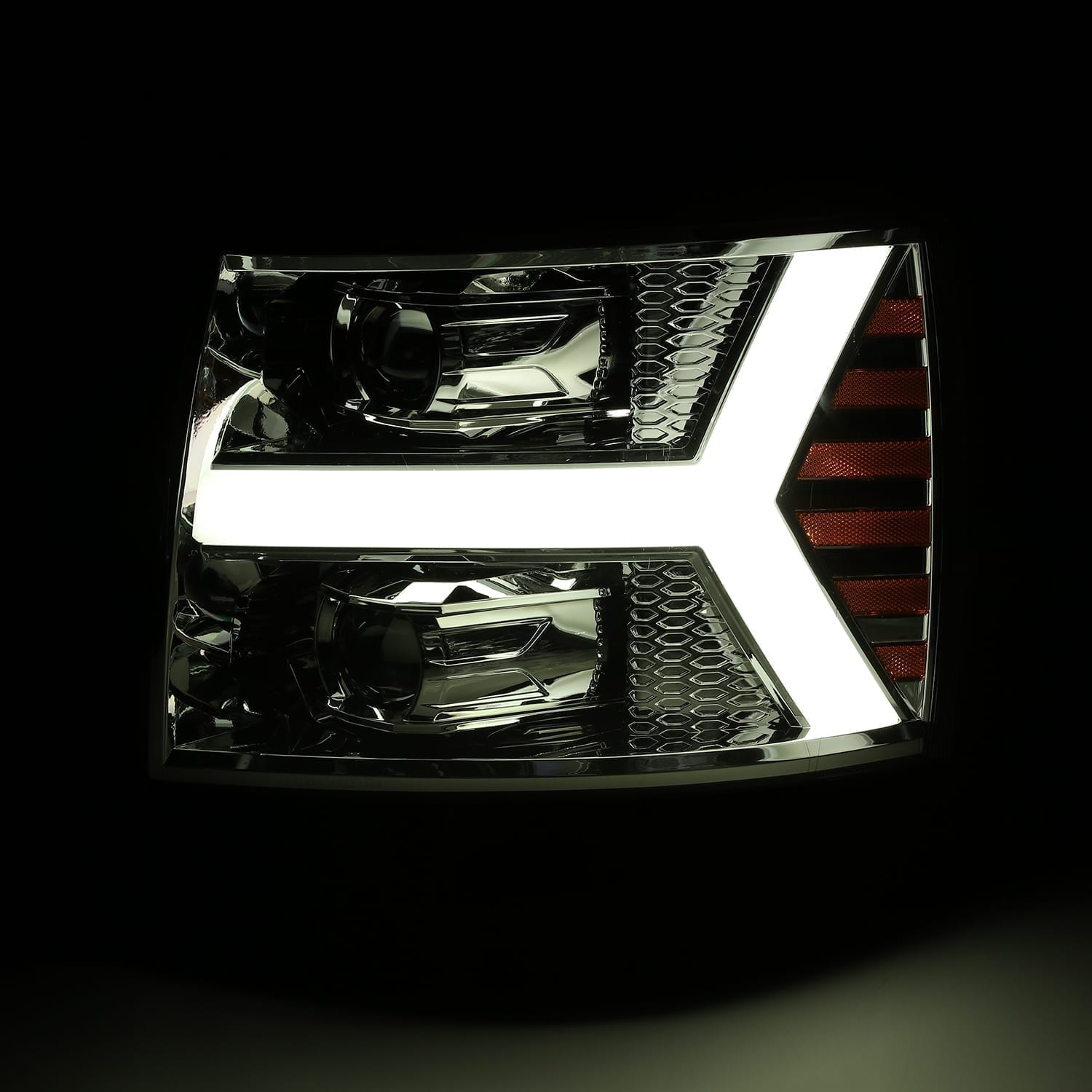 AlphaRex 07-13 Chevy 1500HD PRO-Series Proj Headlights Plank Style Chrome w/Activ Light/Seq Signal