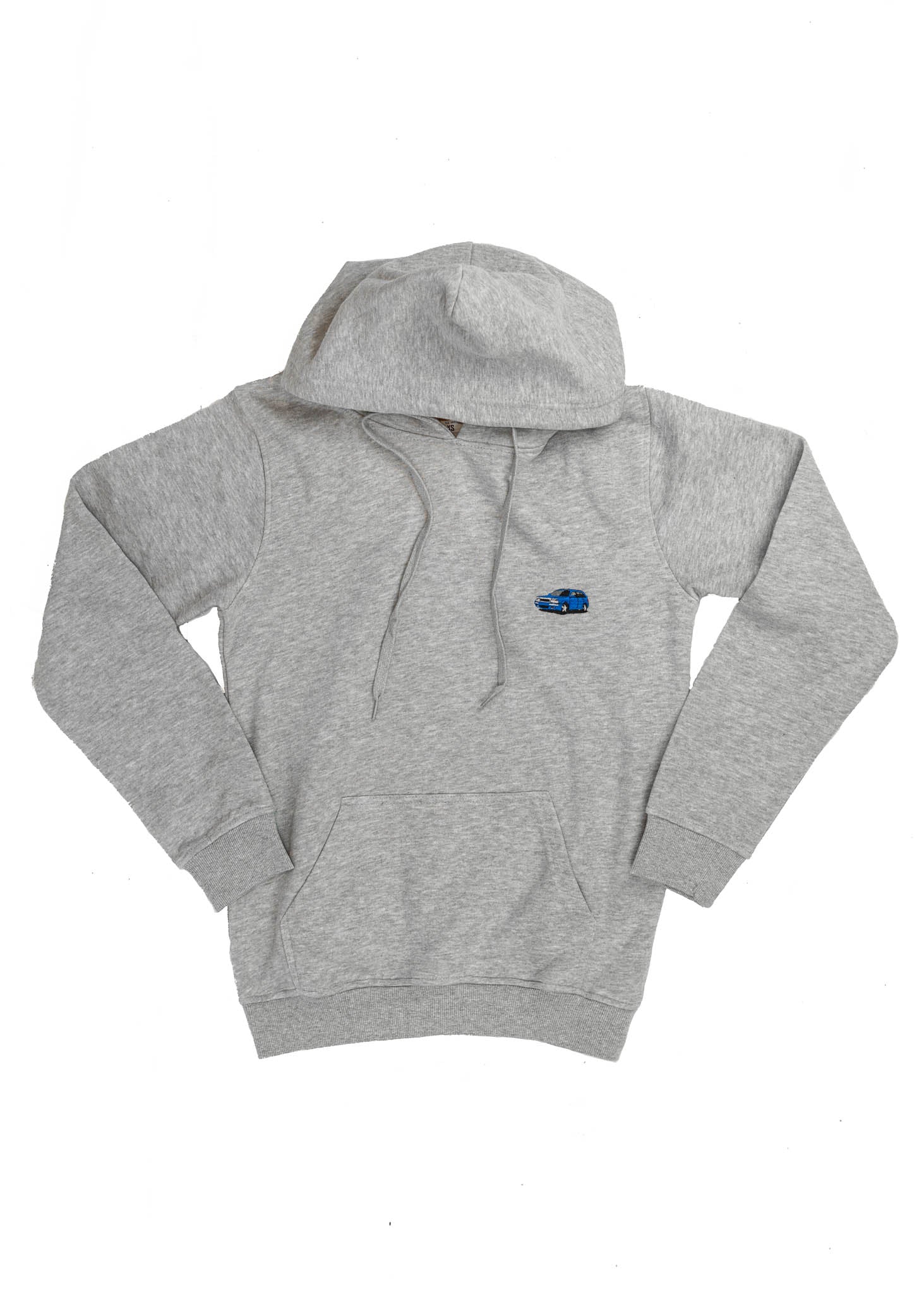 A grey Audi unisex hoodie for men and women. Photo is a front view of the sweater with an embroidered Nogaro Blue Audi 80 RS2 Avant made by Porsche. Fabric composition is cotton, polyester, and rayon. The material is very soft, stretchy, and non-transparent. The style of this hoodie is long sleeve, crewneck with a hood, hooded, with embroidery on the left chest.