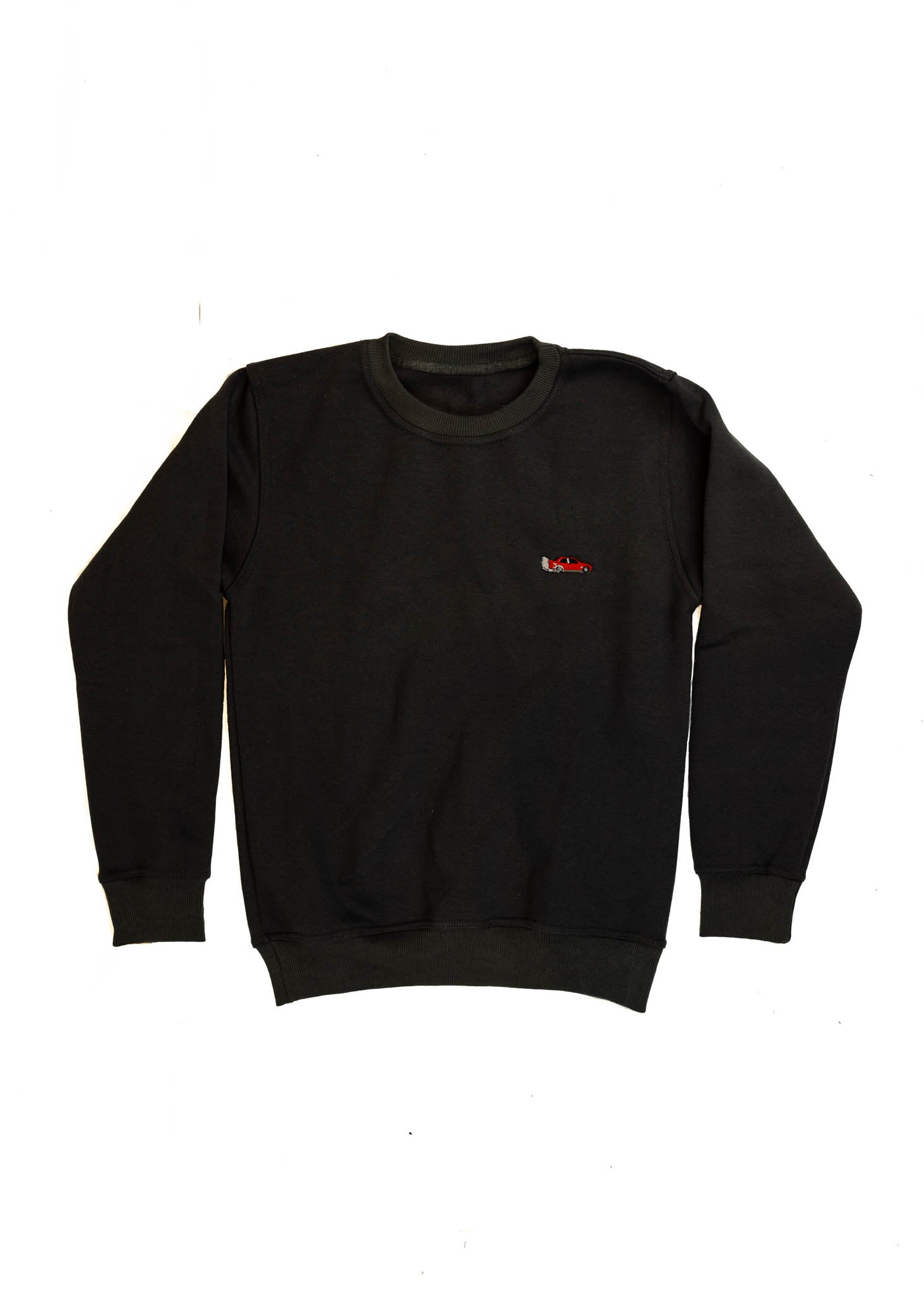 A dark grey BMW/Bimmer E30 M3 crewneck sweater for men. Photo is a front view of the sweater with an embroidered red BMW E30 M3 doing a burnout. Fabric is 100% cotton and high quality and fits to size. The style is long sleeve, crew neck, and embroidery on left chest.