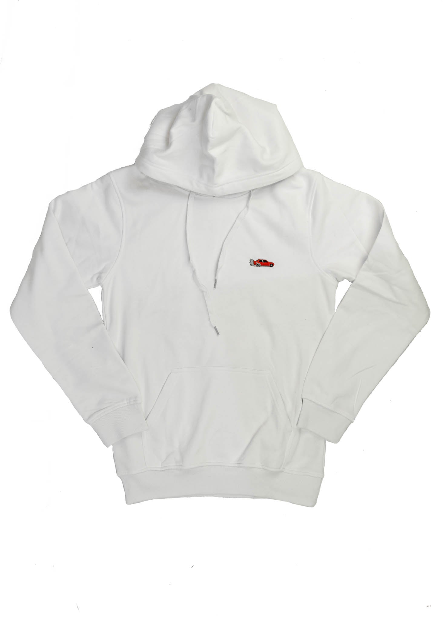 A white BMW/Bimmer unisex hoodie for men and women. Photo is the front of the sweater with an embroidered Red BMW E30 M3 doing a burnout. Fabric composition is cotton, polyester, and rayon. The material is very soft, stretchy, and non-transparent. The style of this hoodie is long sleeve, crewneck with a hood, hooded, with embroidery on the left chest.
