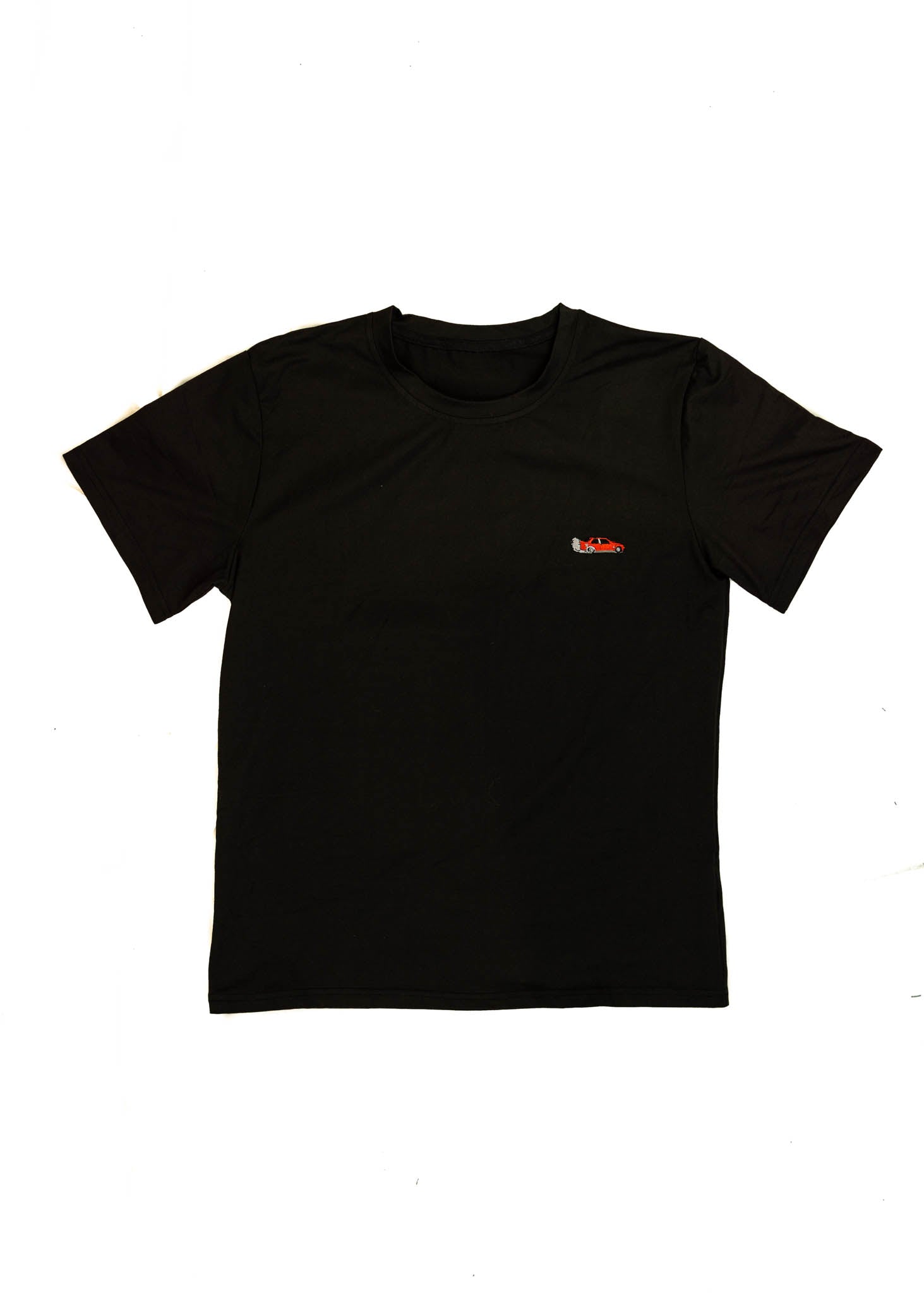 A black BMW/Bimmer E30 M3 T-Shirt for men. Photo is the front view of the shirt with an embroidered Red BMW E30 M3 Coupe. Fabric composition is 100% polyester. The material is very stretchy, soft, comfortable, breathable, and non-transparent. The style of this shirt is short sleeve, with a crewneck neckline.