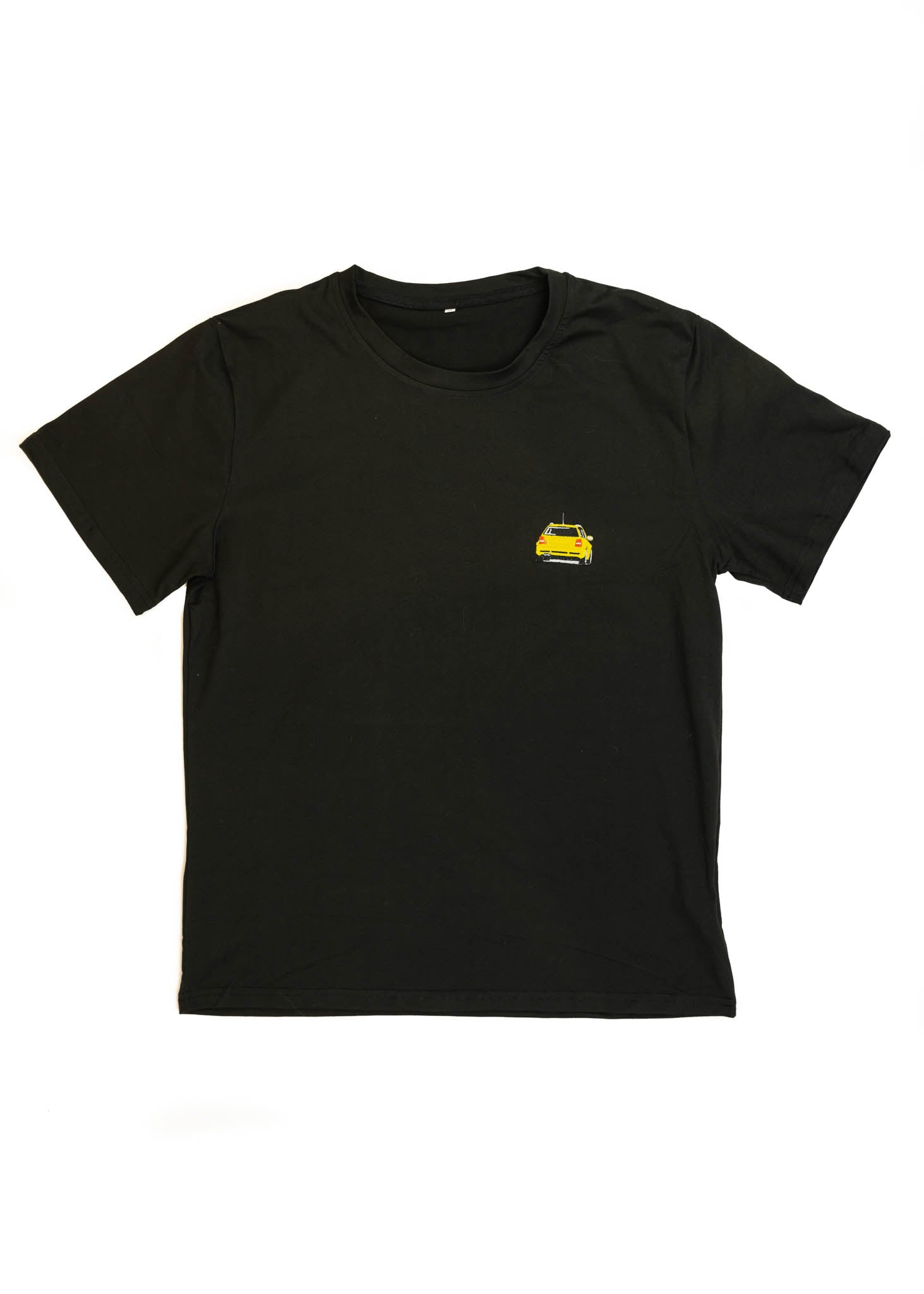 A black Audi t-shirt for men. Photo is a front view of the shirt with an embroidered Imola Yellow Audi B5 RS4. Fabric composition is polyester, and cotton. The material is very soft, stretchy, non-transparent. The style of this shirt is short sleeve, with a crewneck neckline.