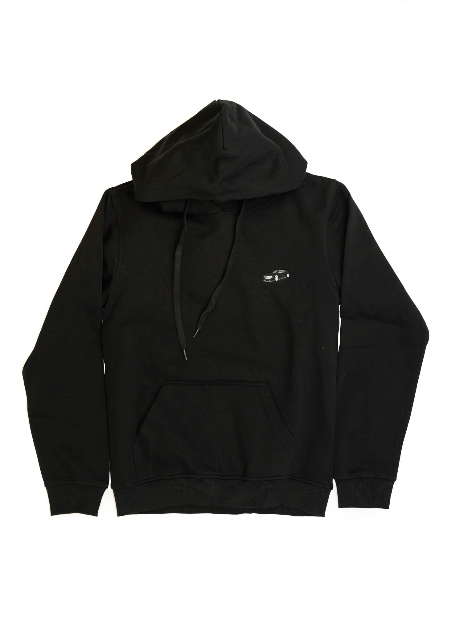 A black Audi hoodie for men and women. Photo is a front view of the sweater with an embroidered Black Audi D2 S8. Fabric composition is cotton, polyester, and rayon. The material is very soft, stretchy, anti-shrink, and non-transparent. The style of this hoodie is long sleeve, crewneck with a hood, hooded, with embroidery on the left chest.