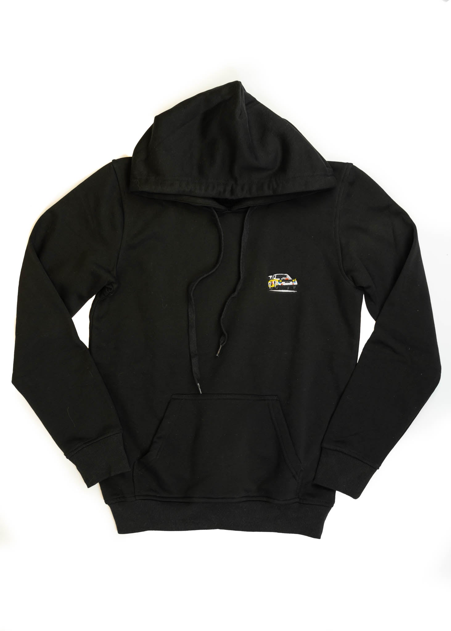 A black Audi hoodie for men and women. Photo is a front view of the sweater with an embroidered Audi Sport Quattro S1 E2. Fabric composition is cotton, polyester, and rayon. The material is very soft, stretchy, anti-shrink, and non-transparent. The style of this hoodie is long sleeve, crewneck with a hood, hooded, with embroidery on the left chest.