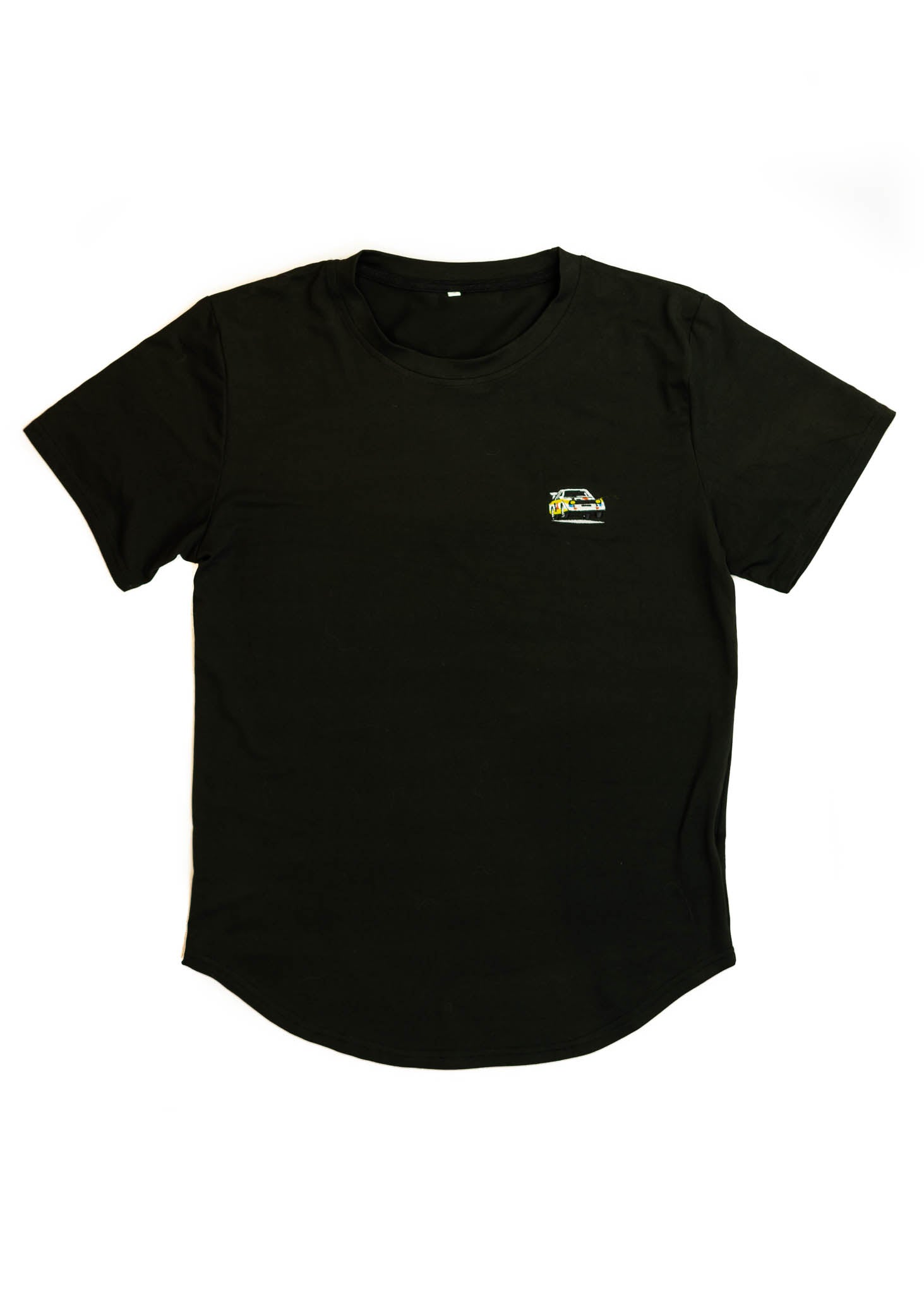 A black Audi t-shirt for men. Photo is a front view of the shirt with an embroidered Group B Audi Sport Quattro S1. Fabric composition is a polyester, and cotton mix. The material is very soft, stretchy, non-transparent. The style of this shirt is short sleeve, with a crewneck neckline.