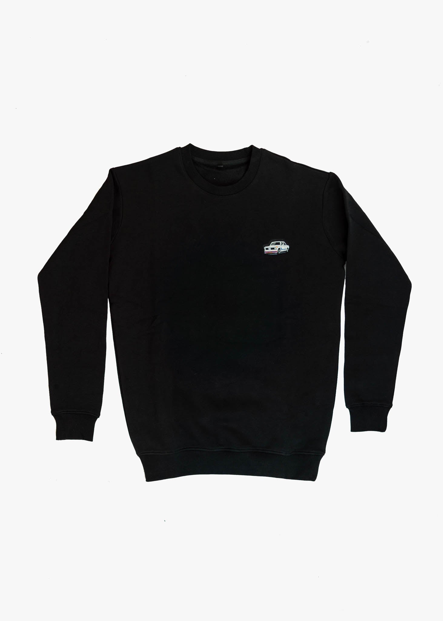 A black BMW crewneck sweater for men. Photo is the front of the sweater with an embroidered BMW 2002 Turbo. Fabric is composed of high quality 80% cotton, and 20% polyester and fits to size. The style is long sleeve, crew neck, and embroidery on left chest.